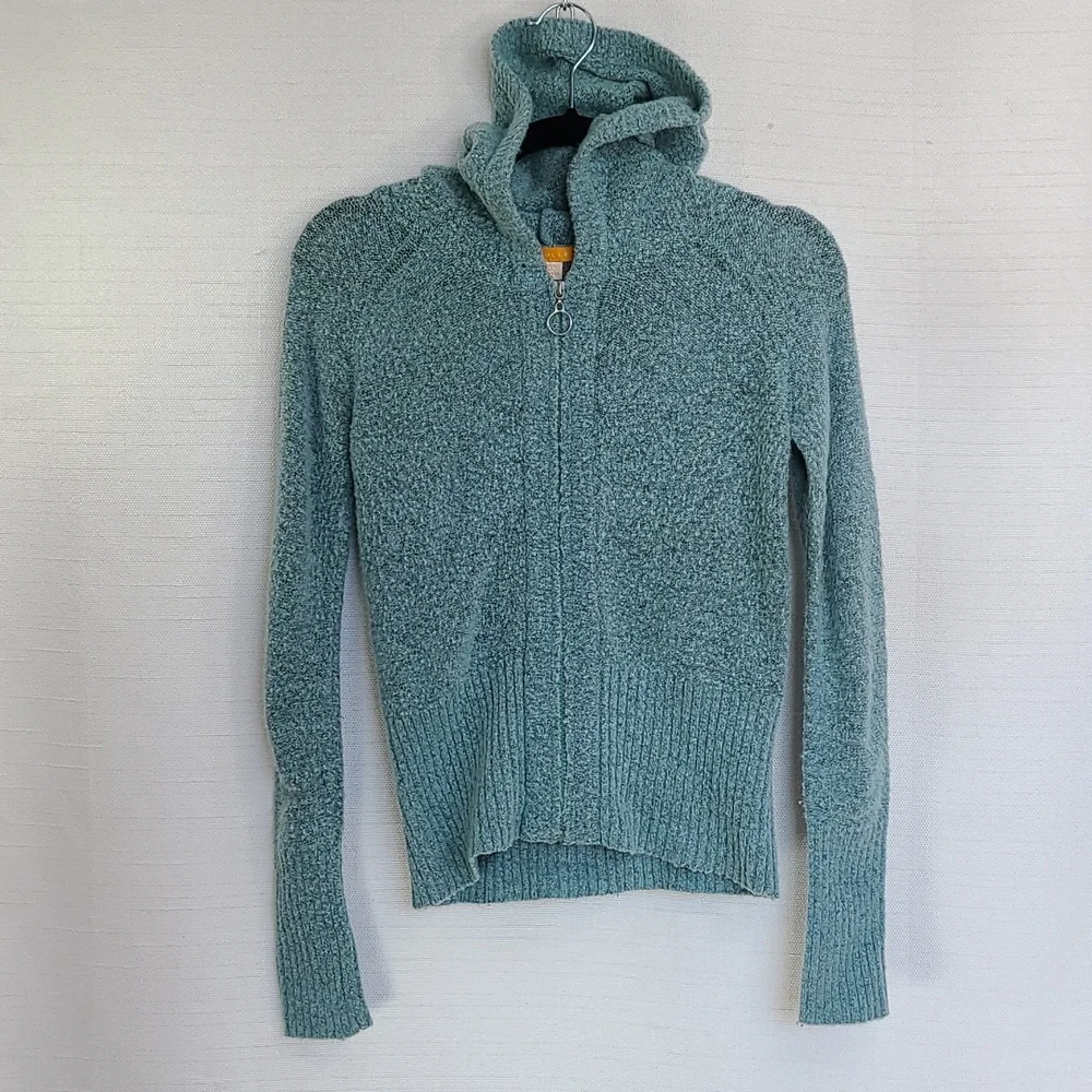 Tulle Knit Jacket Long Sleeve Zip-Up Hoodie Turquoise Ribbed Hemline Size Medium